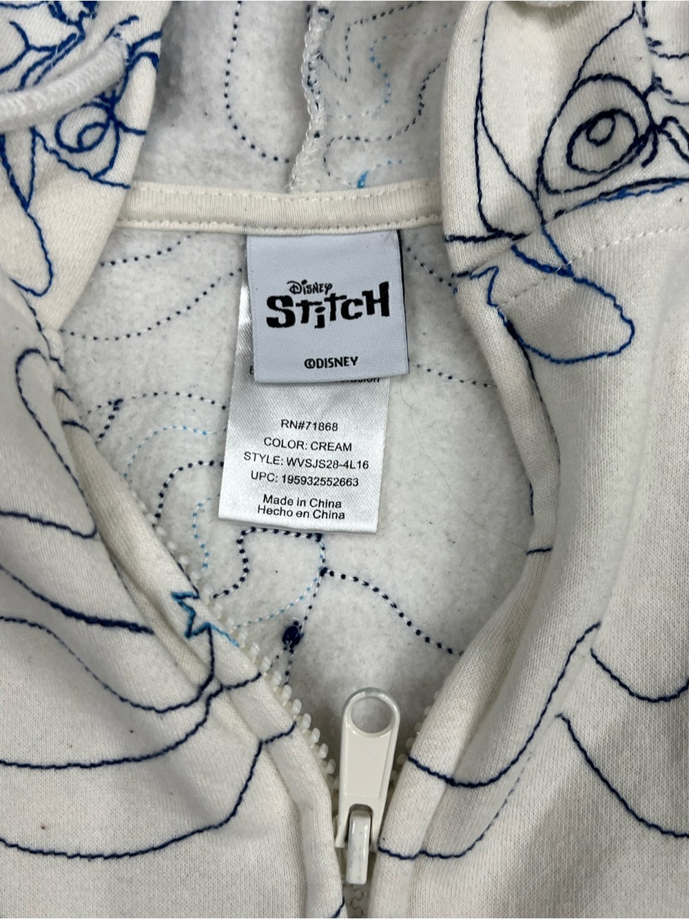 Disney Stitch Zip Up Hoodie Womens Large Cream All Over Print Embroidered Space - Picture 3 of 8
